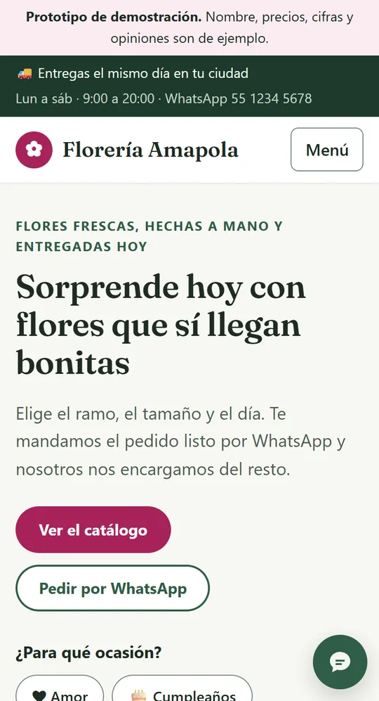 Propuesta de la florería en un teléfono.