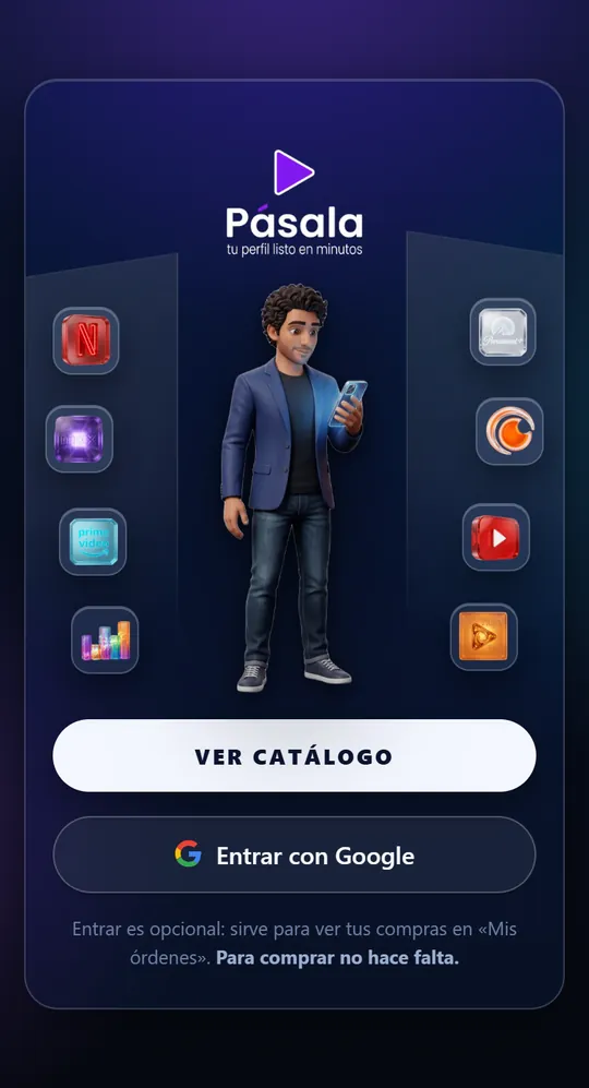 Portada de Pásala en un teléfono: tu perfil listo en minutos, con botones para ver el catálogo y entrar con Google.