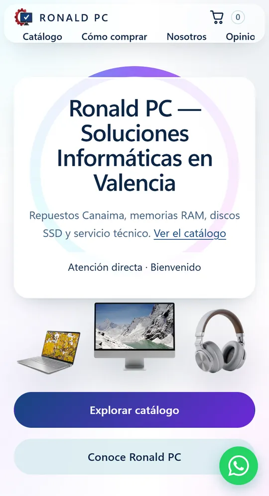 Portada de Ronald PC en un teléfono: Soluciones Informáticas en Valencia, con botón para explorar el catálogo.